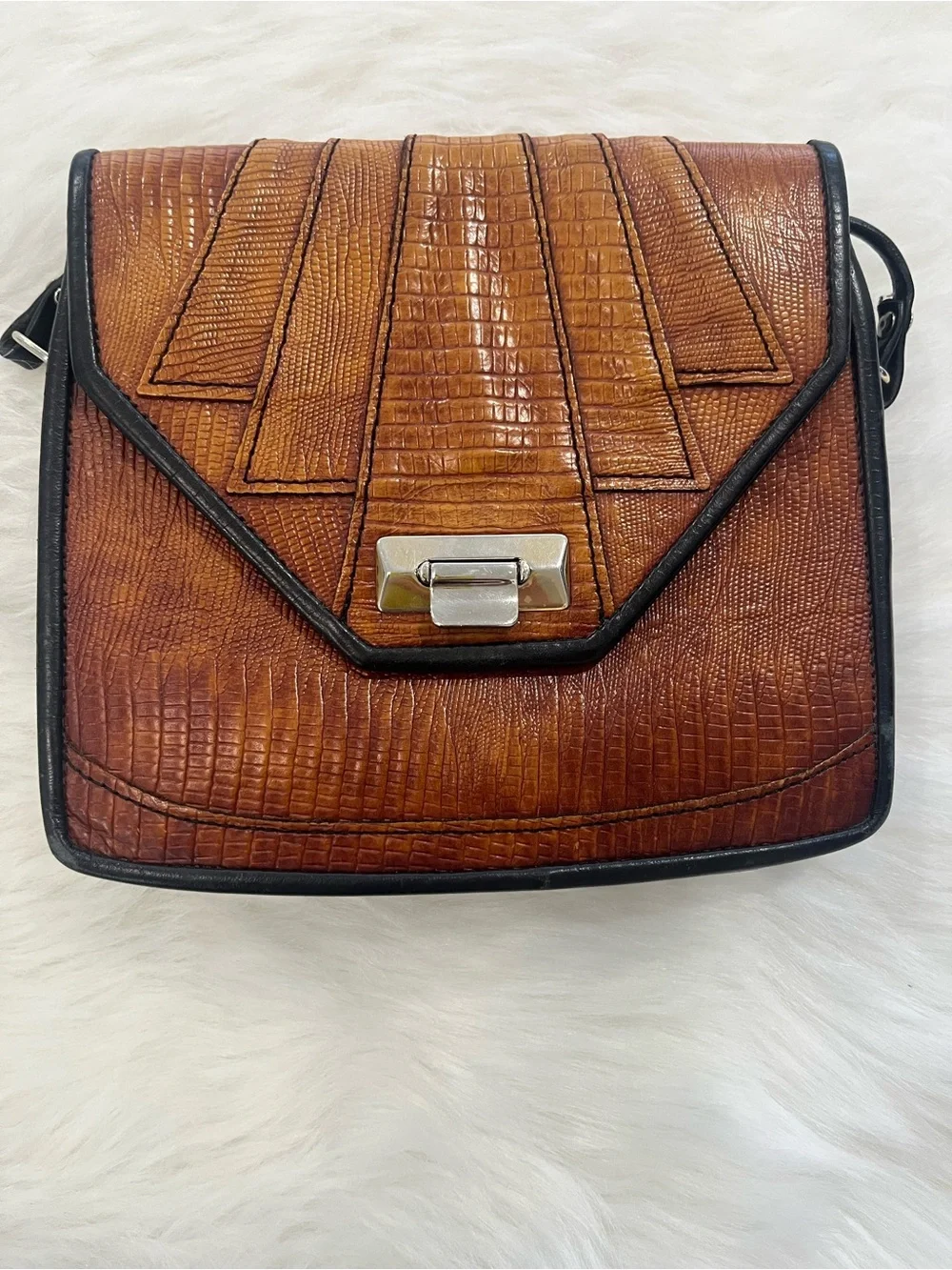 Textured Brown Croc-Embossed Crossbody Bag with Black Trim